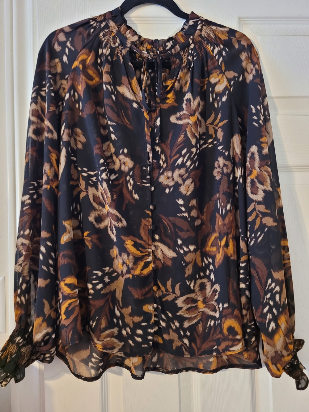Women's Floral Tie-Neck Blouse - Black with Brown & Gold Floral Print